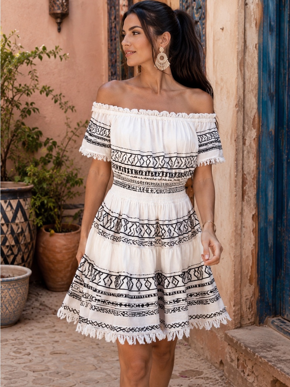 Lemlem Maya Off Shoulder Embroidered Fringe Mini Dress Ivory Black M